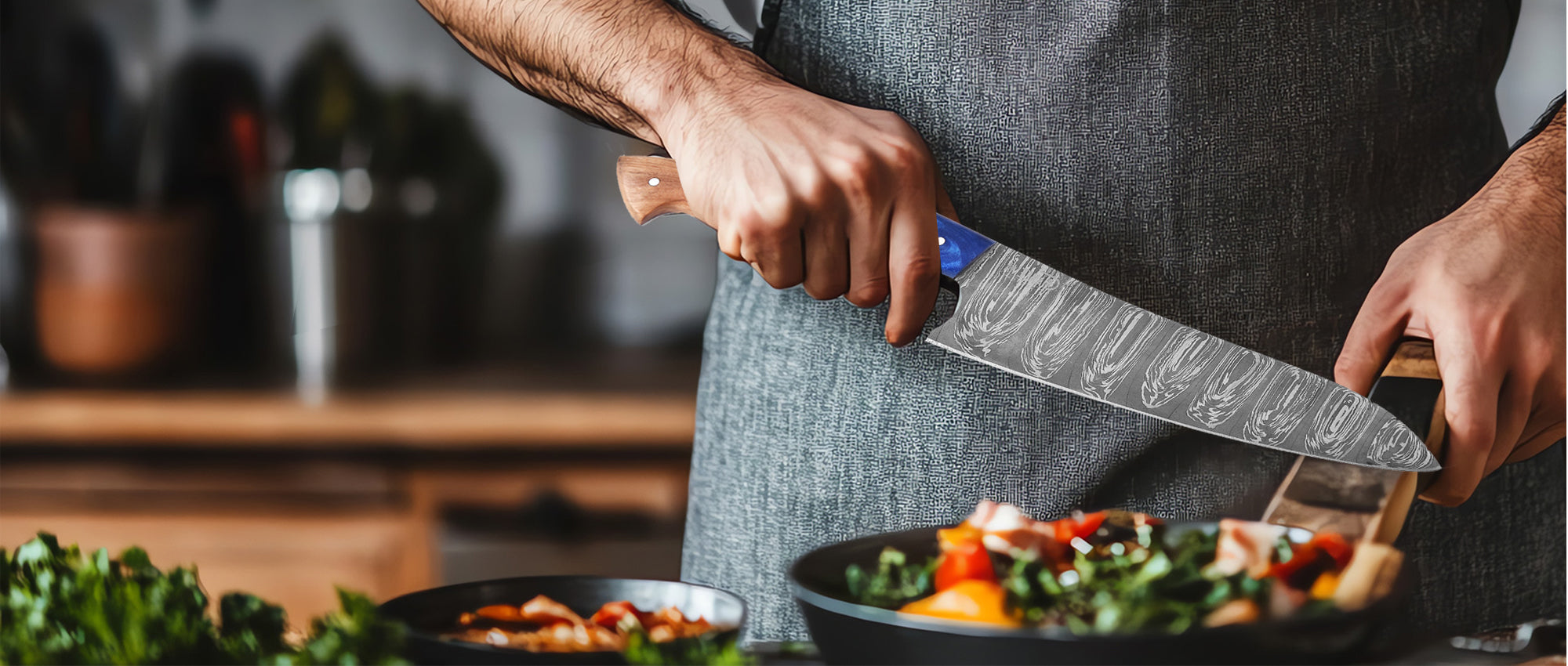 Image of Chef using BlackSteel premium chef knife with patterned blade to prepare fresh vegetables in kitchen
