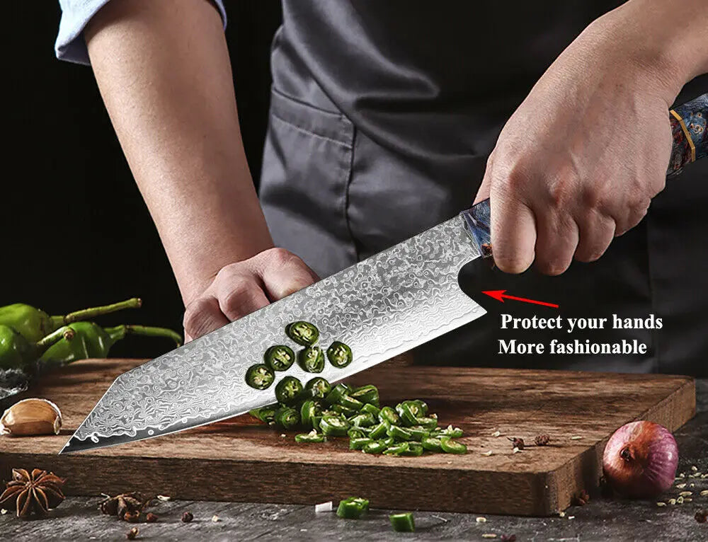 Image of Premium BlackSteel chef knife slicing green chili peppers on wooden cutting board, kitchen setting