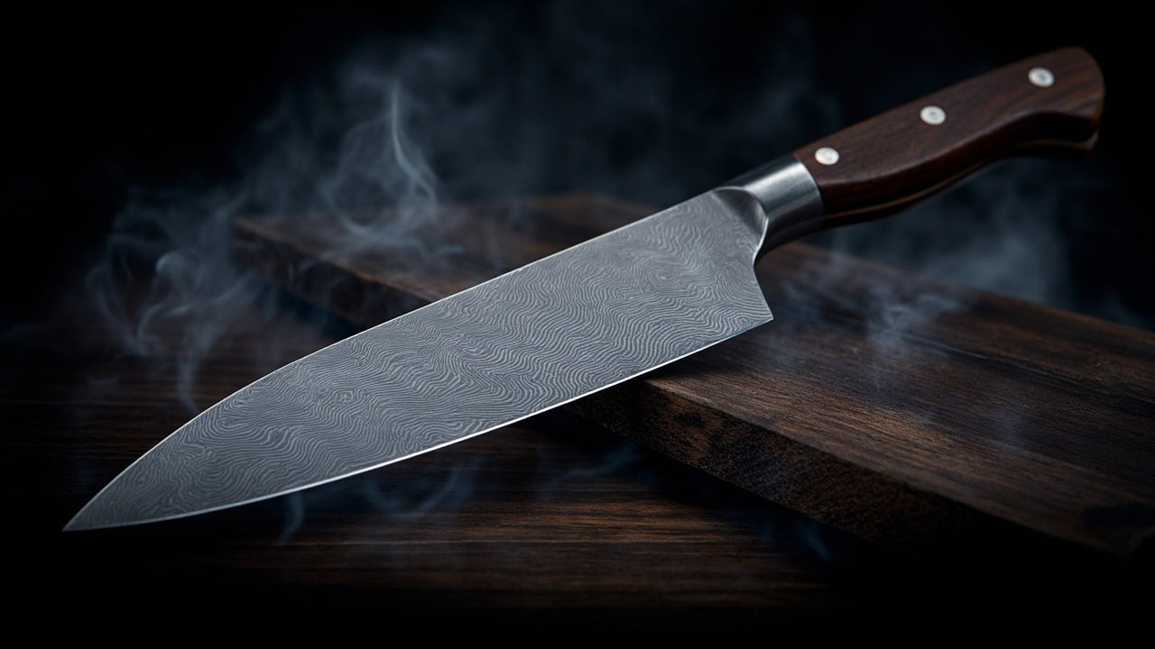 Image of damascus steel chef knife on walnut board with dramatic studio lighting