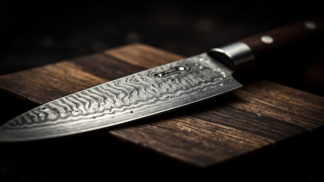 Image of damascus chef knife on dark wood board with dramatic rim lighting
