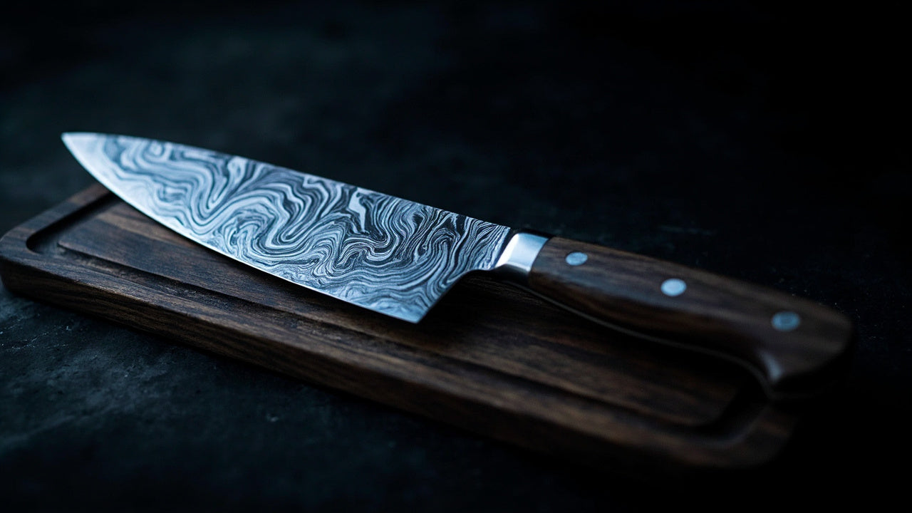 Image of close-up damascus steel chef knife on walnut board under moody light