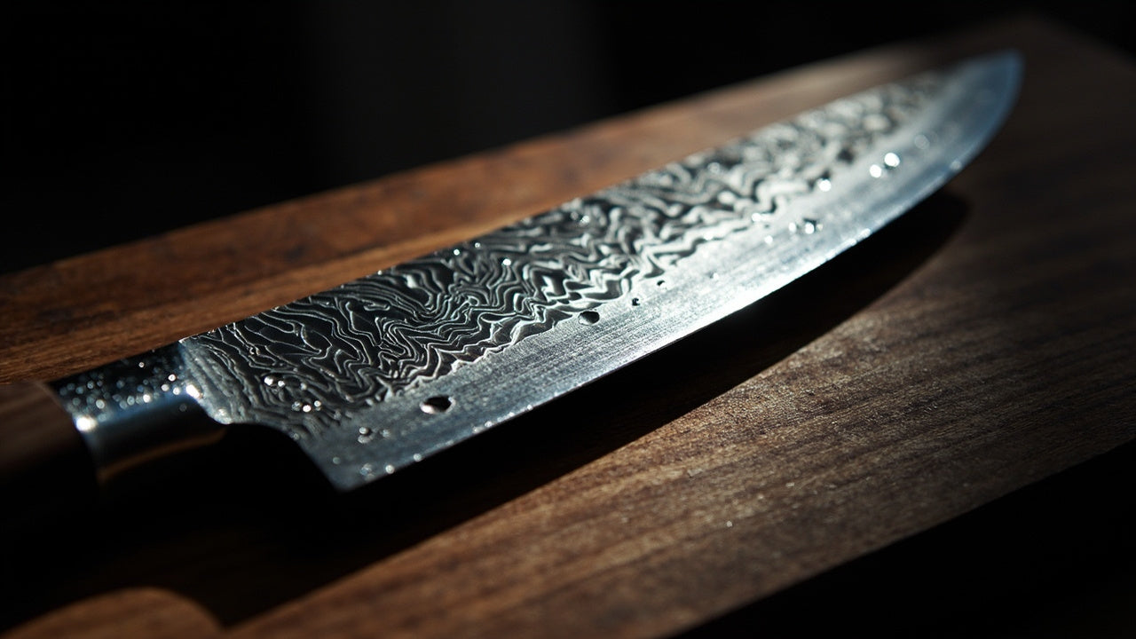 Image of close-up damascus chef knife on walnut board with dramatic side lighting