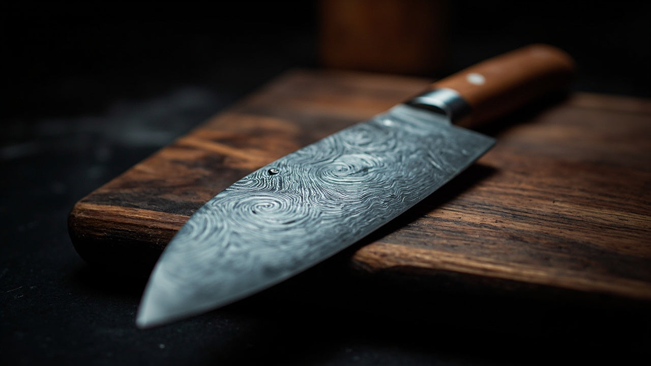 Image of hand-forged damascus chef knife on walnut board under moody studio light