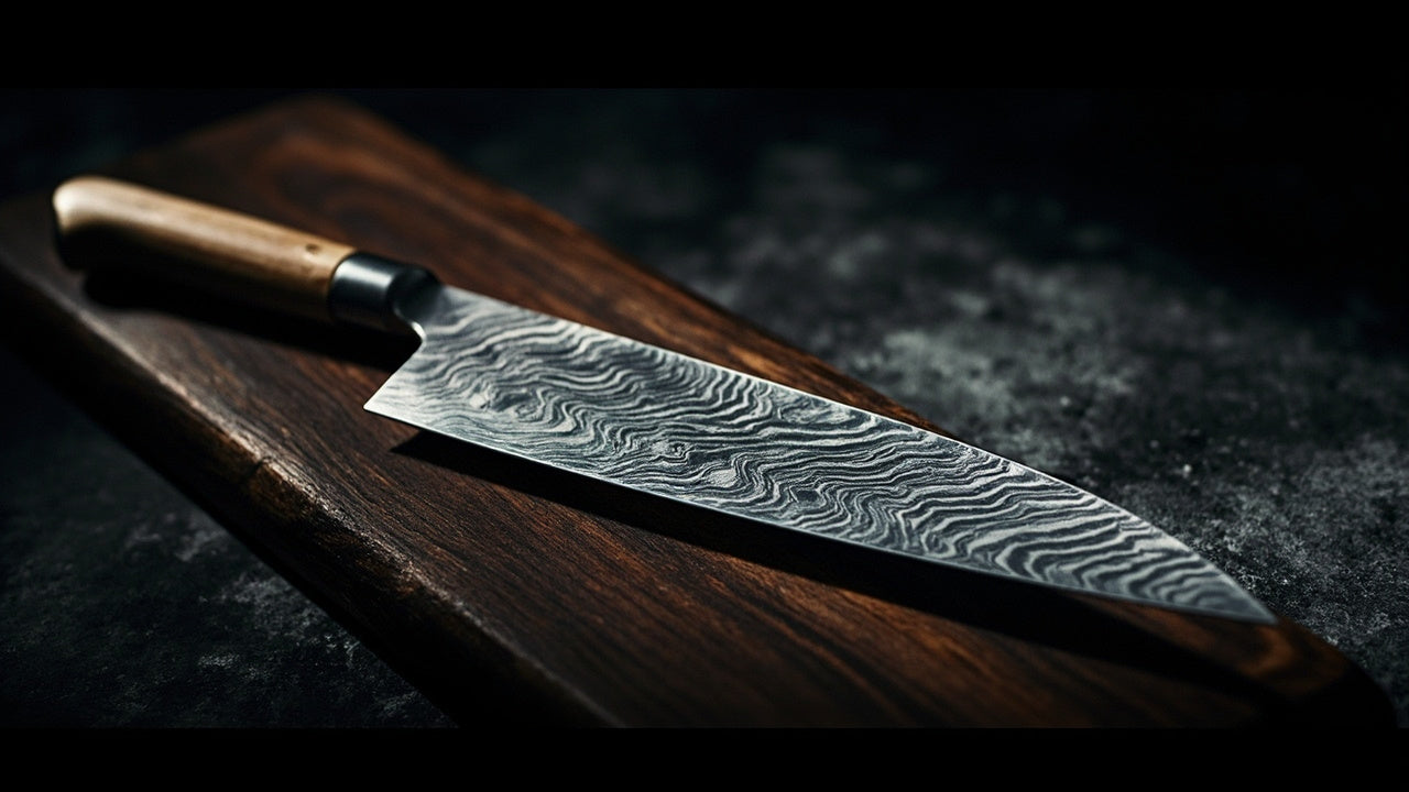 Image of hand-forged damascus chef knife on walnut board with moody side lighting